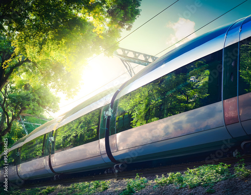 The image shows a futuristic train, a symbol of sustainable transport, traveling on an elevated track surrounded by trees and eco-friendly skyscrapers. It's an example of green mobility that reduces e