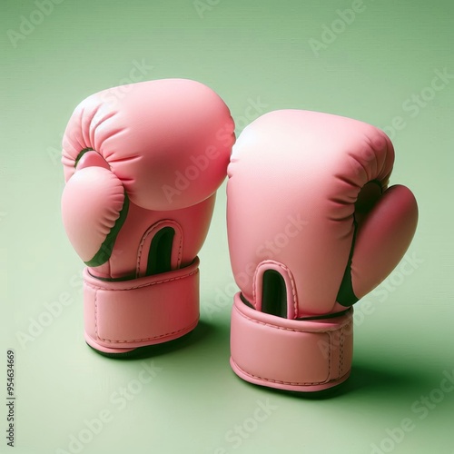 Two pink boxing gloves isolated on a green background, perfect for a design photo