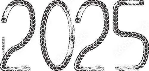 Tire Tracks . New year 2025 Car tread silhouette.