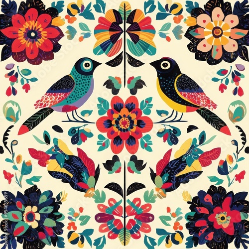 Colorful Birds and Floral Pattern: A vibrant and intricate pattern features two colorful birds perched amidst a symmetrical arrangement of stylized flowers, creating a visually captivating and cheerfu