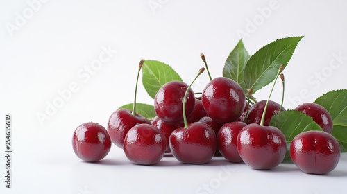 A cluster of shiny red cherries with green leaves on a light background.