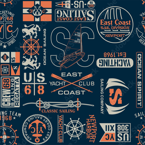 East coast nautical sailing badges and typography elements vintage vector seamless pattern for fabric print tablecloth pillow wallpaper wrapping