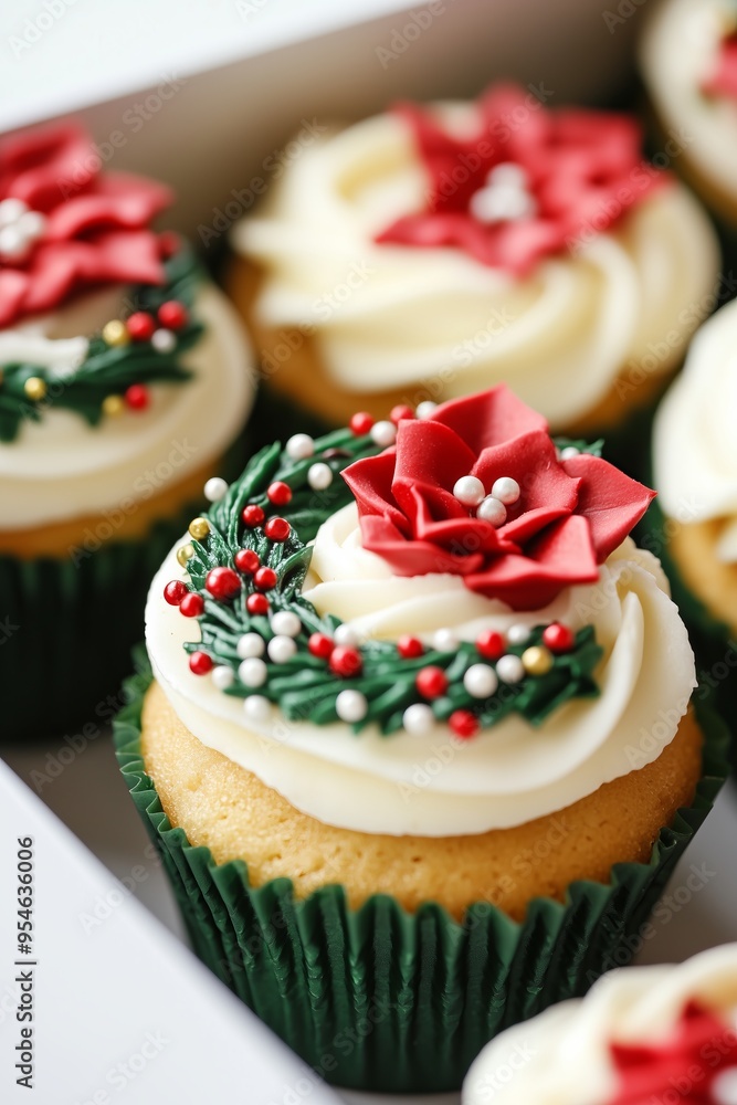 box of beautifully decorated Christmas themed cupcakes, featuring red rose designs, green wreaths with tiny red bows, and white poinsettia flowers with festive sprinkles box of beautifully decorated Christmas themed cupcakes, featuring red rose designs, green wreaths with tiny red bows, and white poinsettia flowers with festive sprinkles