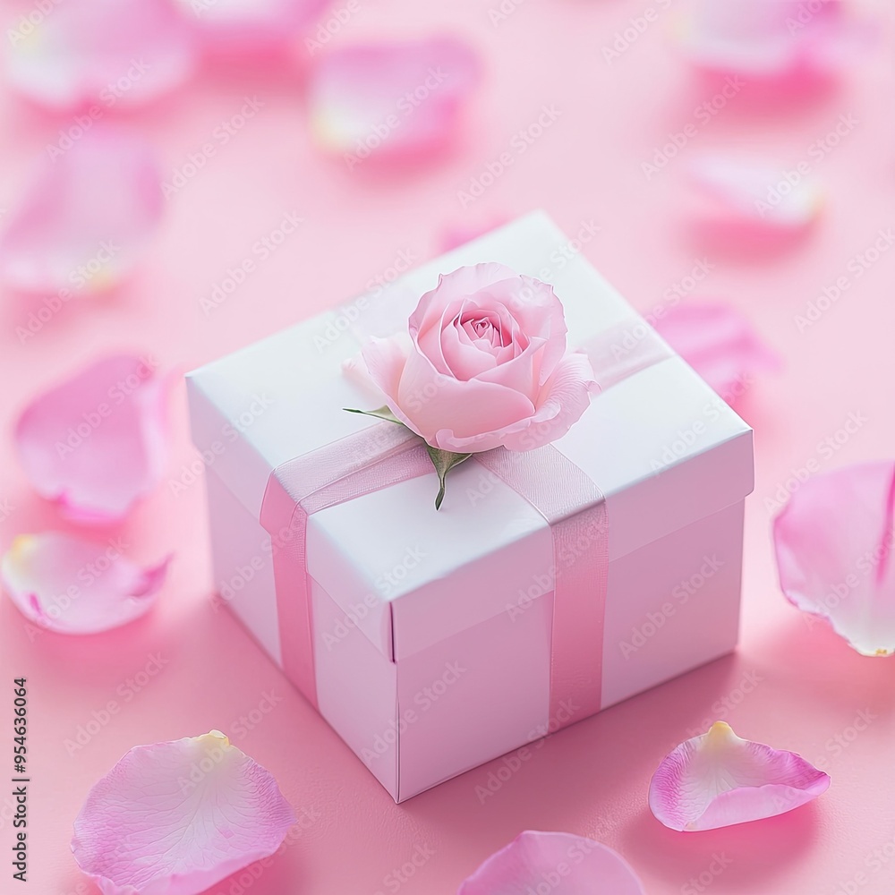 A delicate white gift box adorned with a pink rose, surrounded by soft pink petals on a pastel pink background. A delicate white gift box adorned with a pink rose, surrounded by soft pink petals on a pastel pink background.
