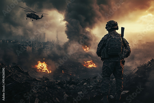 A soldier stands amidst a burning city, watching a helicopter hover overhead. The scene is engulfed in smoke and fire, symbolizing war and destruction.