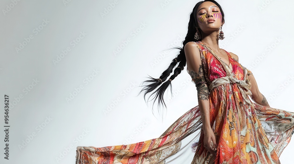© Denisa - A graceful Asian woman in a colorful bohemian dress strikes a pose, highlighting her unique style and the flowing fabric's movement © Denisa - A graceful Asian woman in a colorful bohemian dress strikes a pose, highlighting her unique style and the flowing fabric's movement
