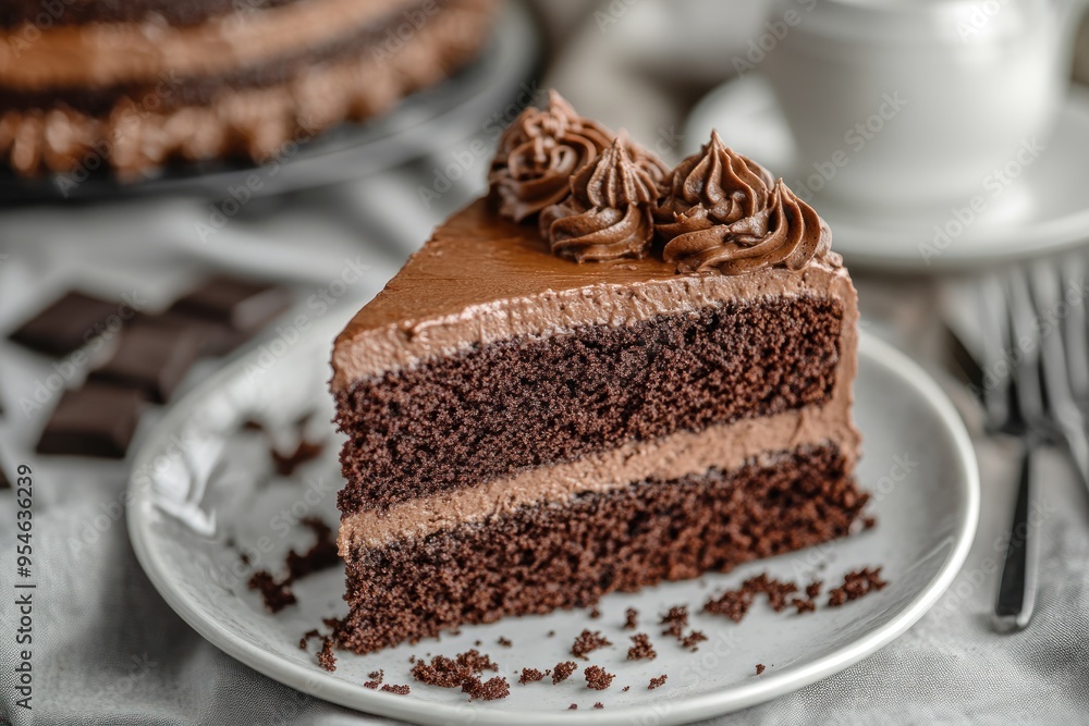 A slice of chocolate cake with chocolate frosting on a white plate A slice of chocolate cake with chocolate frosting on a white plate