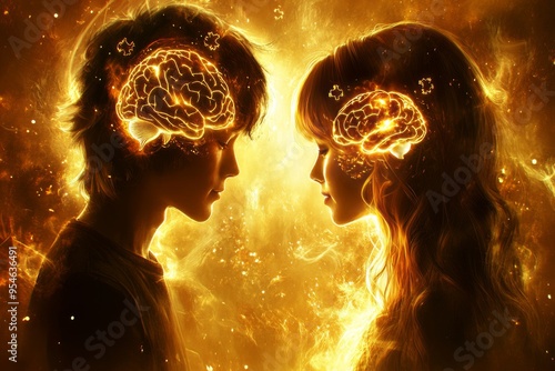 Articulate Interpersonal Fiery connection between two minds highlighting intense intellectual exchange and passionate interaction through vivid brain imagery and dynamic energy flow photo