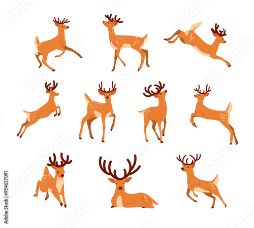 Winter Reindeer Cartoon Set Vector Illustration