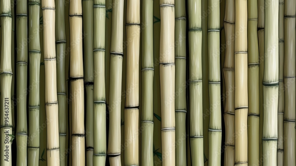 Green bamboo poles forming a uniform pattern, creating a natural and serene backdrop Green bamboo poles forming a uniform pattern, creating a natural and serene backdrop