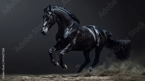 Beautiful Black Horse on Black Background . a galloping horse. . Artistic image