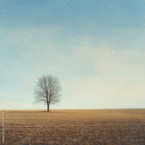 Solitude in the Open: A lone, bare tree stands sentinel in a vast, golden field beneath a serene sky.  
