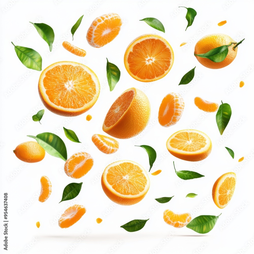Flying fresh raw whole and sliced oranges with leaves on white background. Falling oranges Flying fresh raw whole and sliced oranges with leaves on white background. Falling oranges