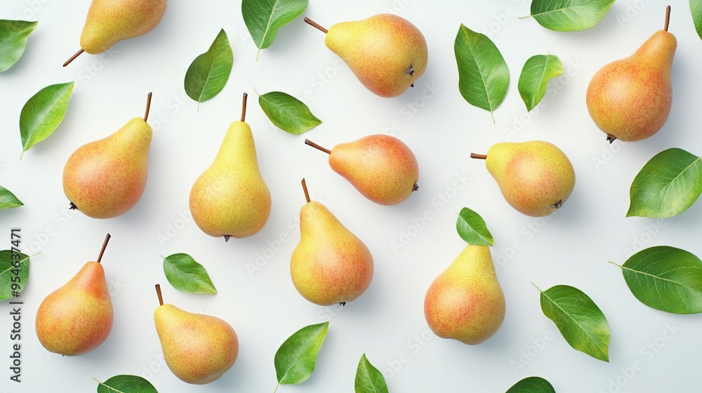 A flat lay of ripe pears and green leaves on a light background. A flat lay of ripe pears and green leaves on a light background.