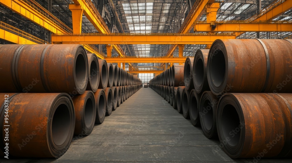 A wide view of a steel factory interior, showcasing rows of heavy metal rolls under bright industrial lighting. A wide view of a steel factory interior, showcasing rows of heavy metal rolls under bright industrial lighting.