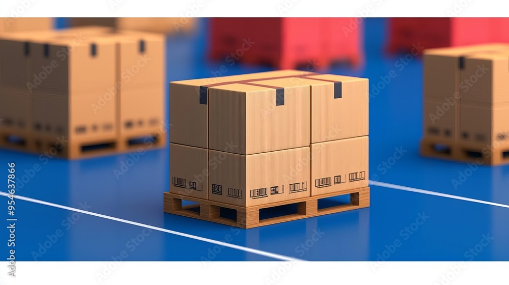 A stack of cardboard boxes on a blue pallet, showcasing organized storage and logistics in a warehouse environment. A stack of cardboard boxes on a blue pallet, showcasing organized storage and logistics in a warehouse environment.