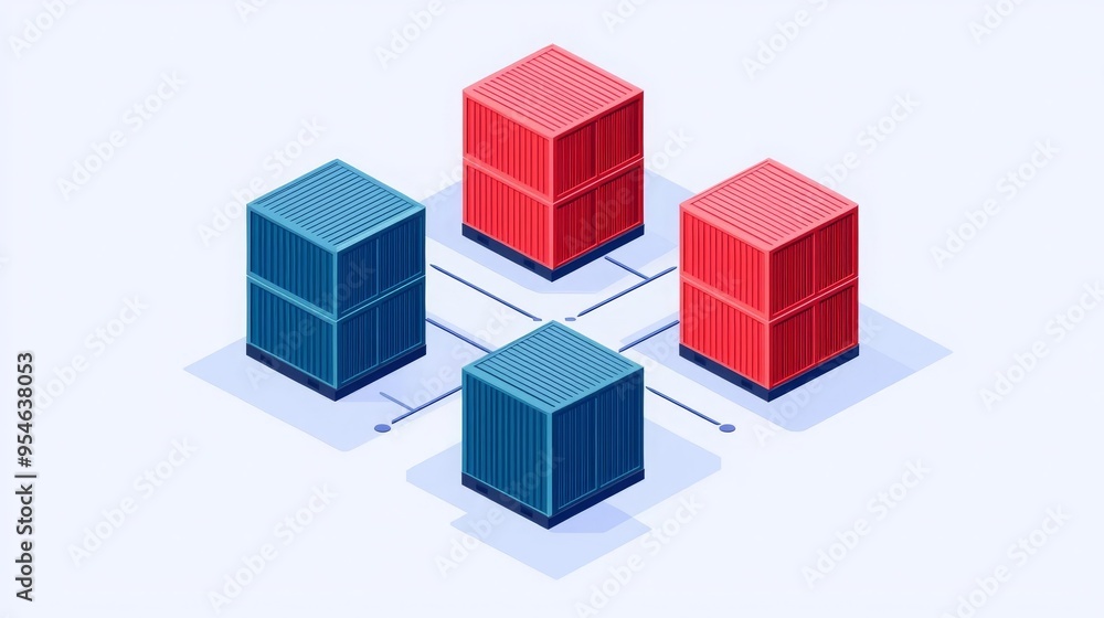 Isometric illustration of red and blue cubes representing data blocks connected by lines, symbolizing network structure and flow. Isometric illustration of red and blue cubes representing data blocks connected by lines, symbolizing network structure and flow.