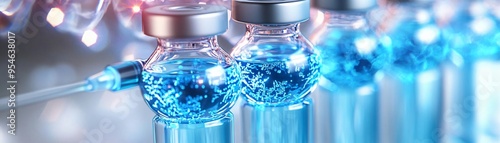 Close-up of medical vials filled with blue liquid, representing vaccination and pharmaceutical innovation in a laboratory setting. photo