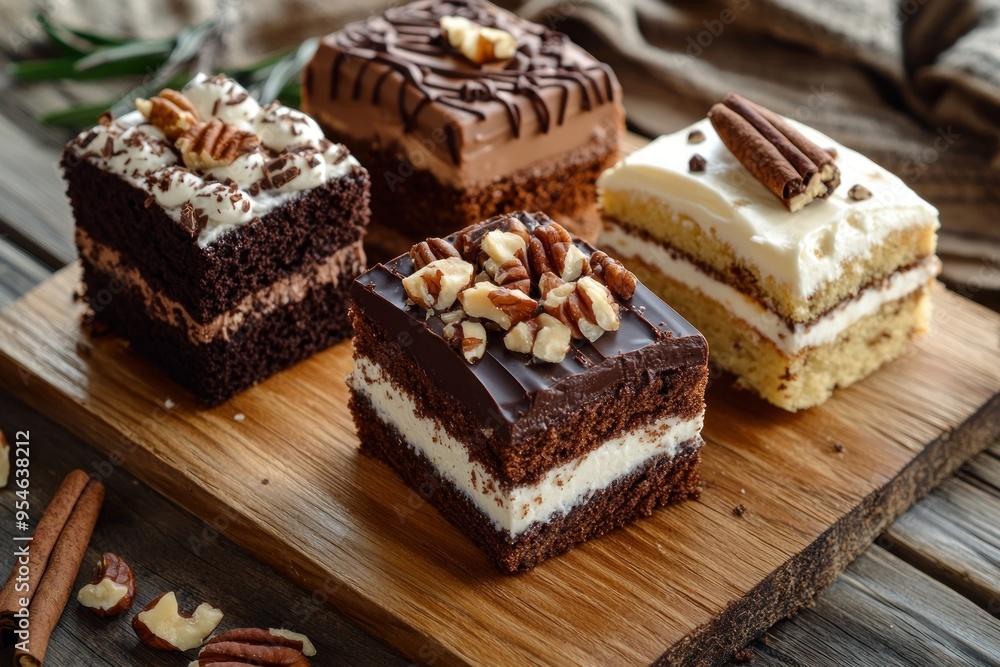 Assortment of Delicious Cakes on a Wooden Cutting Board Assortment of Delicious Cakes on a Wooden Cutting Board