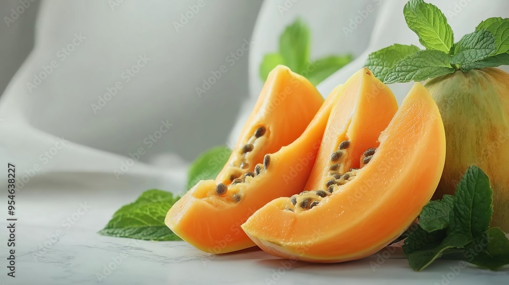 A fresh papaya cut in half, surrounded by mint leaves on a marble surface. A fresh papaya cut in half, surrounded by mint leaves on a marble surface.