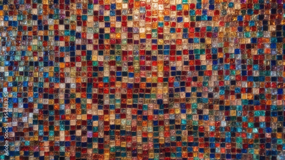 Fototapeta premium Vibrant mosaic of colorful glass tiles reflects light, creating a stylish and creative background with intricate patterns and textures