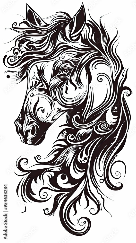 horse tattoo drawing. Beautiful silhouette of a horse on a white background. Horse's head. Artistic image. vertical frame horse tattoo drawing. Beautiful silhouette of a horse on a white background. Horse's head. Artistic image. vertical frame