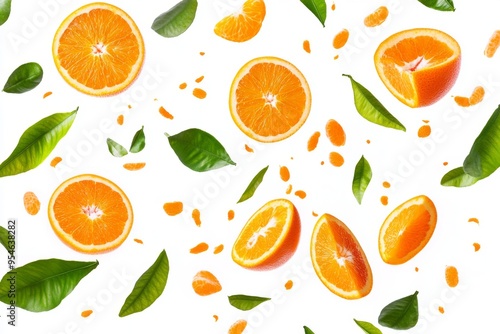 Flying fresh raw whole and sliced oranges with leaves on white background. Falling oranges