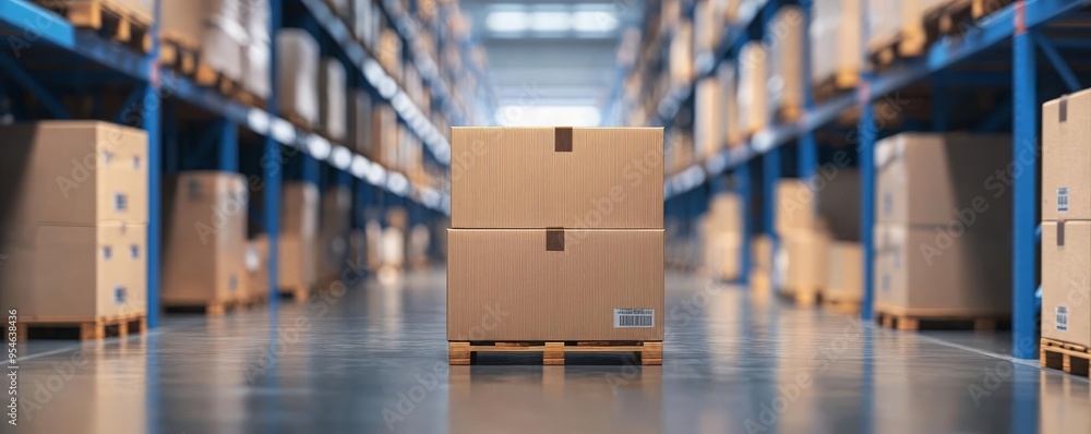 A neatly arranged warehouse featuring stacked boxes on shelves with a focus on a single box in the foreground.