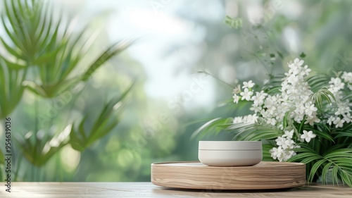 3D green podium in a forest, natural wood stand, surrounded by tropical plants and white flowers for product display.