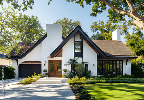 the front view exterior, white brick home with dark wood accents and gable roof in beverly hills california. large oak trees surround house
