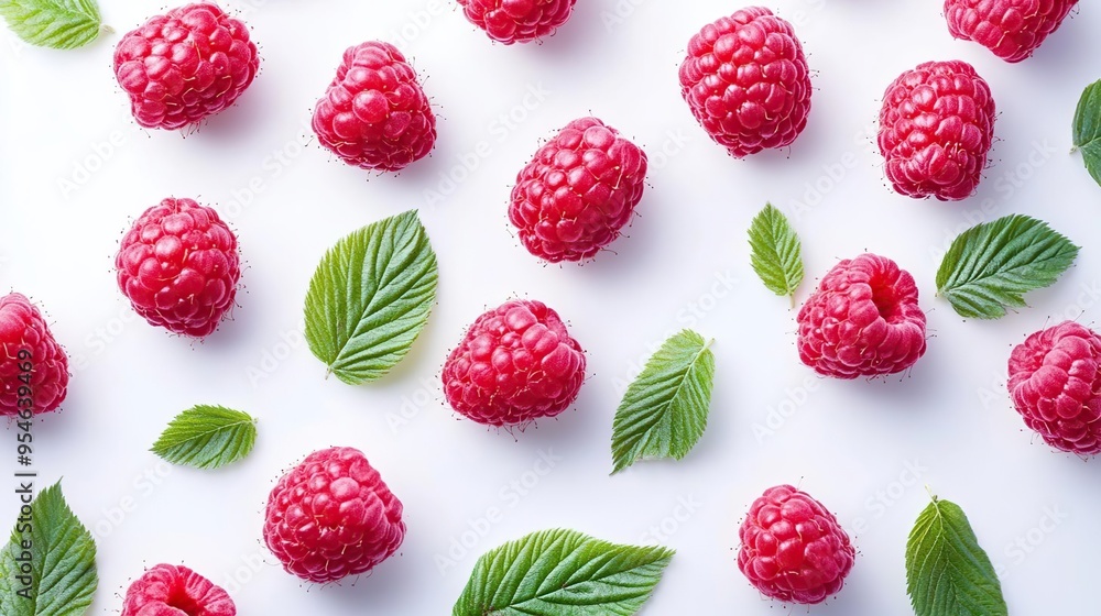 A vibrant arrangement of fresh raspberries and green leaves on a white background. A vibrant arrangement of fresh raspberries and green leaves on a white background.
