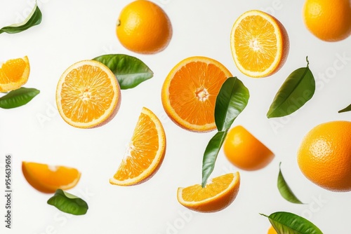 Flying fresh raw whole and sliced oranges with leaves on white background. Falling oranges