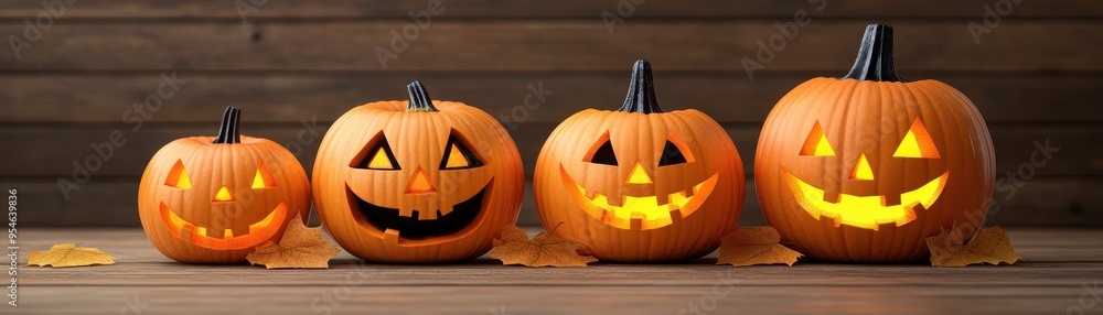 Obraz premium A festive display of four carved pumpkins, each with unique expressions, perfect for Halloween decorations and autumn celebrations.