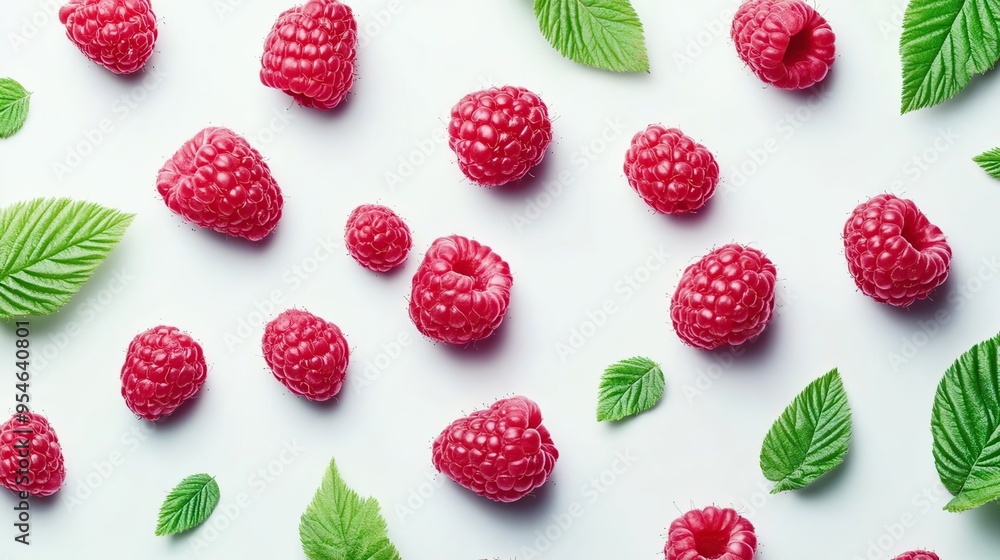 A vibrant arrangement of raspberries and green leaves on a white background. A vibrant arrangement of raspberries and green leaves on a white background.