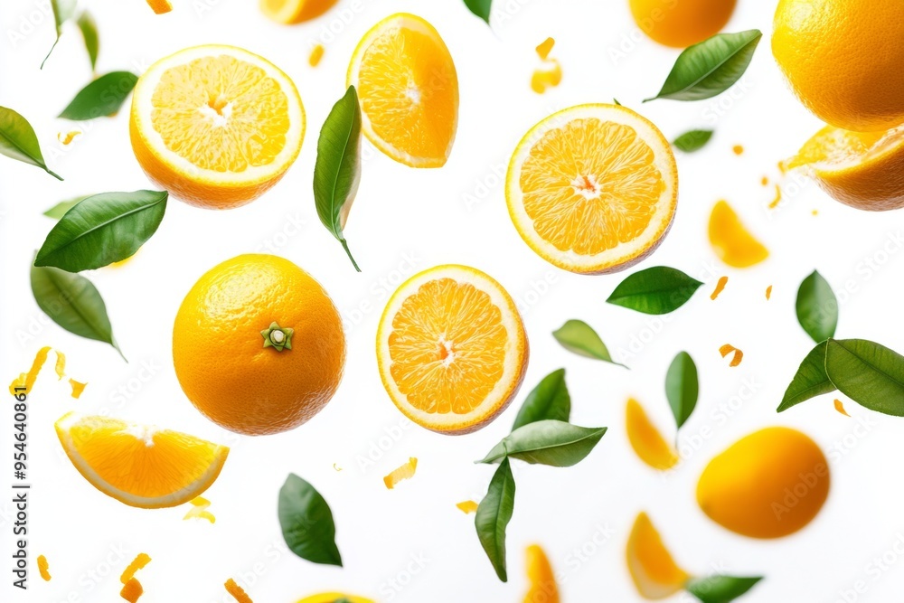 Flying fresh raw whole and sliced oranges with leaves on white background. Falling oranges Flying fresh raw whole and sliced oranges with leaves on white background. Falling oranges