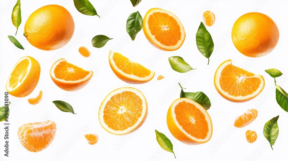 Flying fresh raw whole and sliced oranges with leaves on white background. Falling oranges Flying fresh raw whole and sliced oranges with leaves on white background. Falling oranges