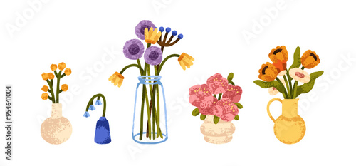 Floral bouquets, delicate flowers in vases and jugs, set. Summer blossoms, spring blooms, field and garden plants. Gentle wildflowers decoration. Flat vector illustration isolated on white background.