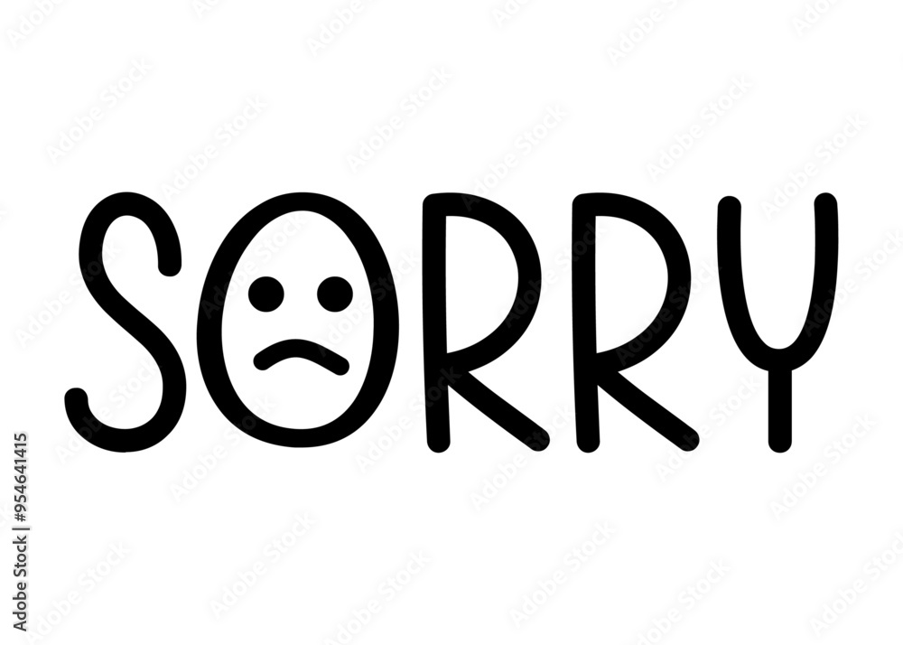 Logotipo con palabra en texto manuscrito Sorry con símbolo emoticono triste en lugar de letra O Logotipo con palabra en texto manuscrito Sorry con símbolo emoticono triste en lugar de letra O