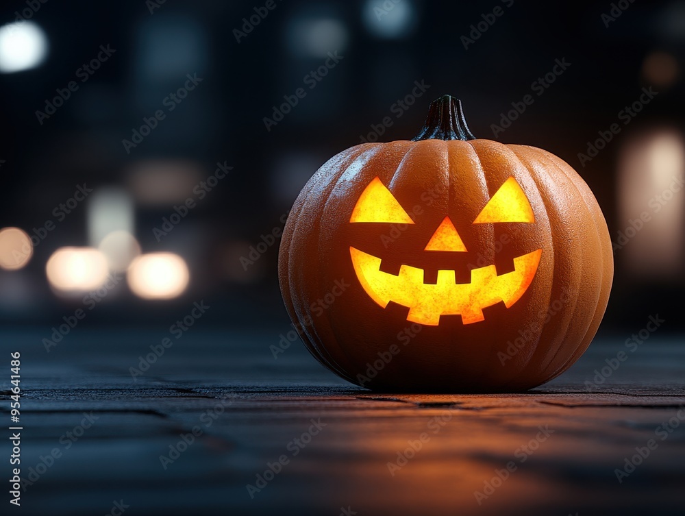 A glowing jack-o'-lantern emits a warm light, symbolizing Halloween festivities and autumn charm in a cozy night scene. A glowing jack-o'-lantern emits a warm light, symbolizing Halloween festivities and autumn charm in a cozy night scene.