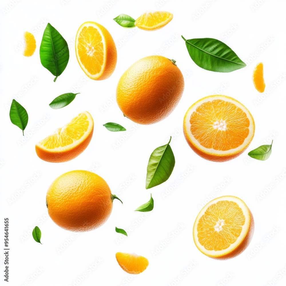 Flying fresh raw whole and sliced oranges with leaves on white background. Falling oranges Flying fresh raw whole and sliced oranges with leaves on white background. Falling oranges