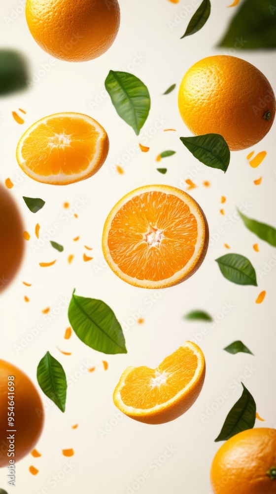 Flying fresh raw whole and sliced oranges with leaves on white background. Falling oranges Flying fresh raw whole and sliced oranges with leaves on white background. Falling oranges