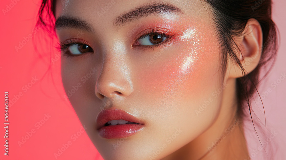 Close-up beauty shot of model showing off bright eyeshadow, perfectly groomed brows, glossy highlights on cheeks, against a clean, simple background. Close-up beauty shot of model showing off bright eyeshadow, perfectly groomed brows, glossy highlights on cheeks, against a clean, simple background.
