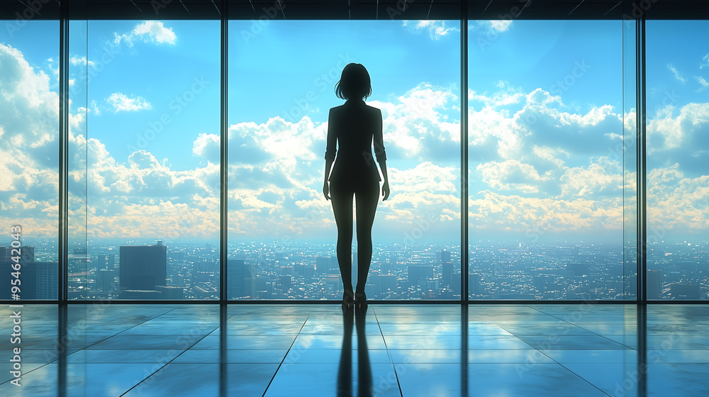 A girl stands by a large window, overlooking a sprawling cityscape under a sky dotted with clouds, contemplating the horizon. A girl stands by a large window, overlooking a sprawling cityscape under a sky dotted with clouds, contemplating the horizon.