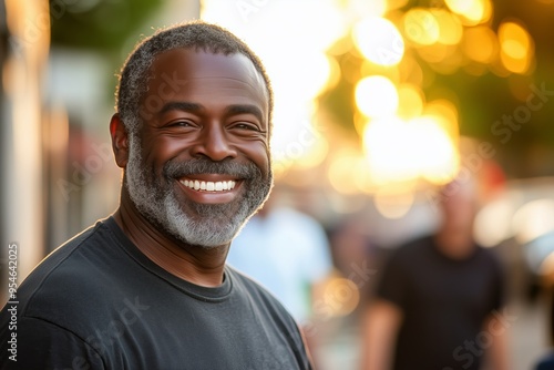 A close-up portrait of a joyful mature man with a gray beard, smiling warmly while standing outdoors during a beautiful sunset.