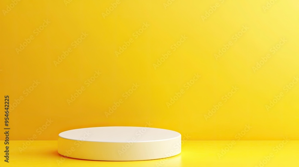 Minimalist 3D round product podium on a bright yellow background, perfect for product display and modern design concepts. Minimalist 3D round product podium on a bright yellow background, perfect for product display and modern design concepts.