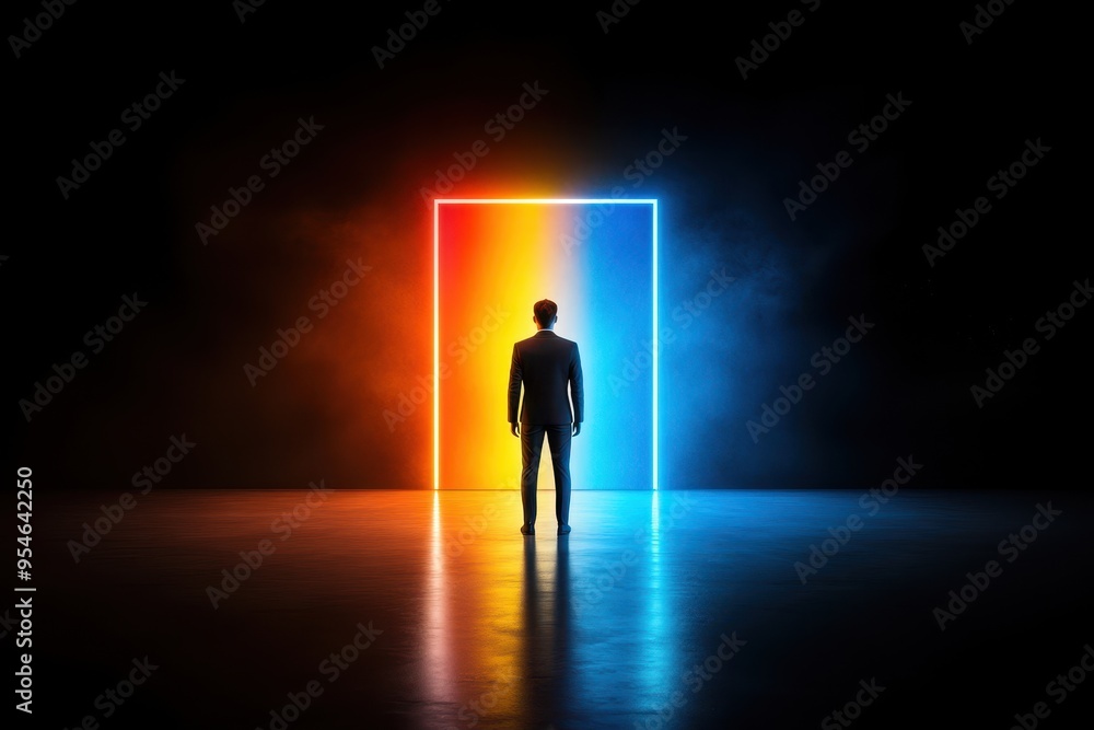 A lone figure stands before a glowing neon doorway, representing choice, opportunity, or the unknown. A lone figure stands before a glowing neon doorway, representing choice, opportunity, or the unknown.
