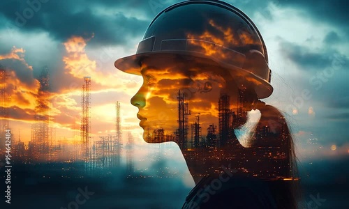 Woman in a Hard Hat with Industry Sunset