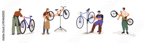 Bicycle repair service, mechanic workers fixing bike break problems. Professional repairmen adjusting wheels, cycle gears maintenance, set. Flat vector illustration isolated on white background.