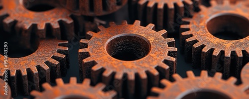 A close-up view of rusted gears, showcasing their intricate design and texture, perfect for industrial-themed projects.
