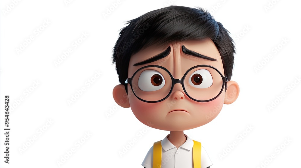 Young Thai boy in 3D animation, big head and glasses, making an angry expression, dressed in traditional school attire Young Thai boy in 3D animation, big head and glasses, making an angry expression, dressed in traditional school attire